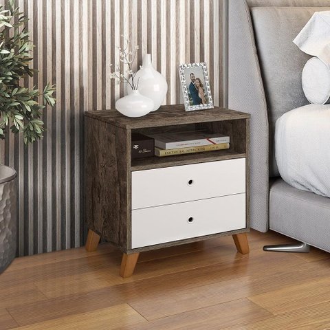 Criado Mesa de Cabeceira 2 Gavetas 1 Nicho Castani com Branco