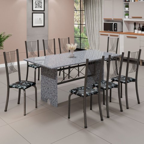 Conjunto de Mesa Tampo de Granito Ocre com 8 Cadeiras Lorena Yescasa Cinza/Preto Floral/Mart Prata