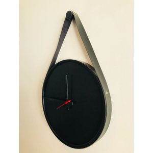 Relógio Decorativo Adnet Preto Alça Corino Preta Mostrador Preto Ponteiro Preto 20cm Redondo