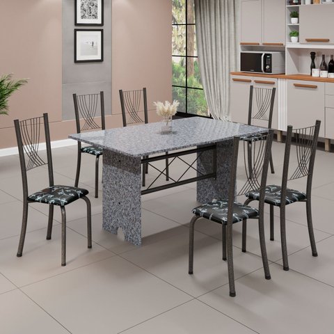 Conjunto de Mesa Tampo de Granito Ocre com 6 Cadeiras Lorena Yescasa Cinza/Preto Floral/Mart Prata