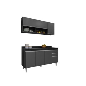 Kit Cozinha Balcão e Aéreo 150cm S/ Tampo - Belliv Decor:preto/grafite