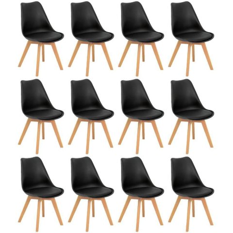 Conjunto 12 Cadeiras de Jantar Eames Wood Leda Design Estofada - Preto