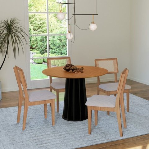 Conjunto Sala de Jantar Mesa Redonda Nature com 4 Cadeiras Tela Sintética Freijó/preto/bege Claro