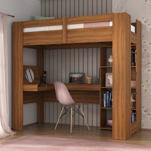 Cama Alta Multifuncional com Escrivaninha Penteadeira