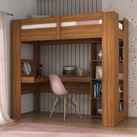 Cama Alta Multifuncional com Escrivaninha Penteadeira Yescasa Marrom/Nogal