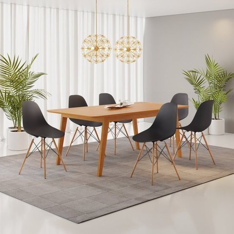 Conjunto Mesa de Jantar Madeira Maciça Retangular com 6 Cadeiras Eames Yescasa Marrom/Cinamomo/Preto
