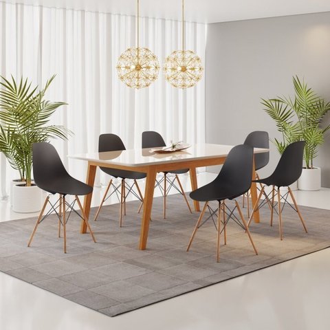 Conjunto Mesa de Jantar Madeira Maciça Retangular com 6 Cadeiras Eames Preto/Cinamomo/Branco