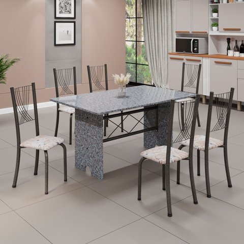 Conjunto de Mesa Tampo de Granito Ocre com 6 Cadeiras Lorena Yescasa Cinza/Botanic Bege/Mart Prata