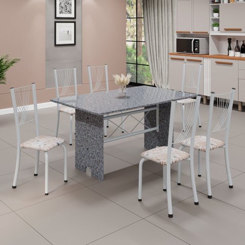 Conjunto de Mesa Tampo de Granito Ocre com 6 Cadeiras Lorena Yescasa Branco/Botanic Bege