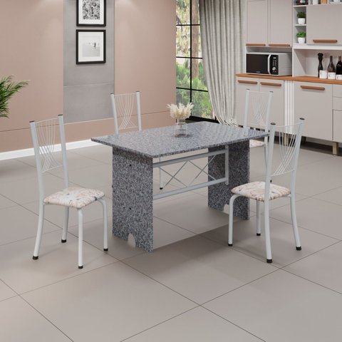 Conjunto de Mesa Tampo de Granito Ocre com 4 Cadeiras Lorena Yescasa Branco/Botanic Bege