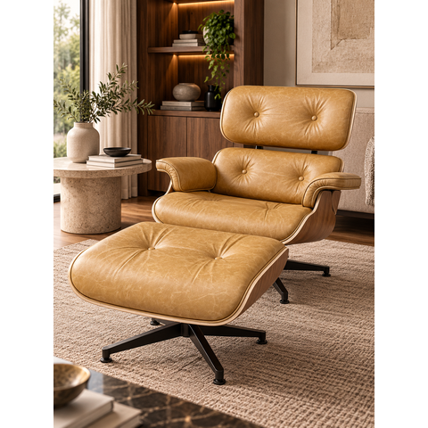 Poltrona Charles Eames com Puff - Couro Envelhecido 22 - Freijó