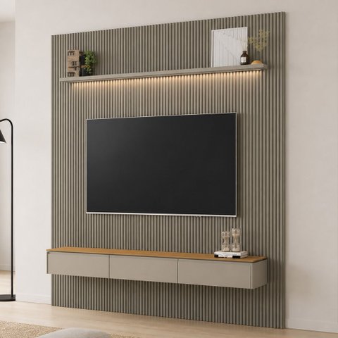 Painel Ripado para TV 85 pol com Bancada Orgânica e Prateleira LED 258cm Slats L05 Tauari Gris Fosco