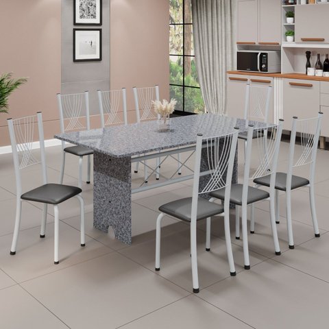 Conjunto de Mesa 8 Cadeiras Tampo Granito Ocre Lorena Preto/Branco Yescasa Liso