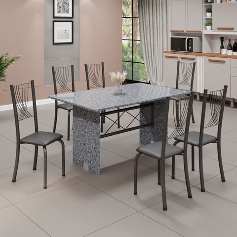 Conjunto de Mesa Tampo de Granito Ocre com 6 Cadeiras Lorena Yescasa Cinza/Preto Liso/Mart Prata