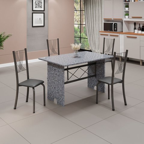 Conjunto de Mesa Tampo de Granito Ocre com 4 Cadeiras Lorena Yescasa Cinza/Preto Liso/Mart Prata