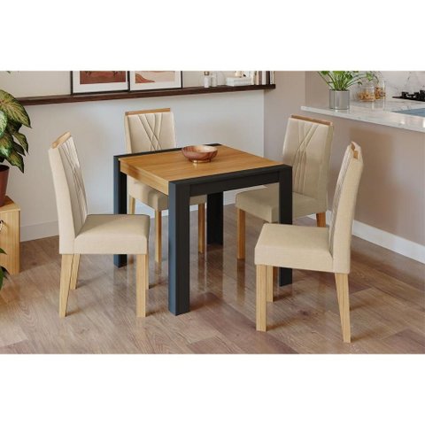 Conjunto: Mesa Sala Jantar Grace Tampo Madeirado 90x90cm e 4 Cadeiras Nicole Nature/suede Nude Bege