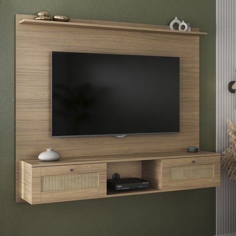 Painel para TV até 72 Polegadas MDF 160CMX135CM Portas Basculante Impressão 3D Palha Trama Bege