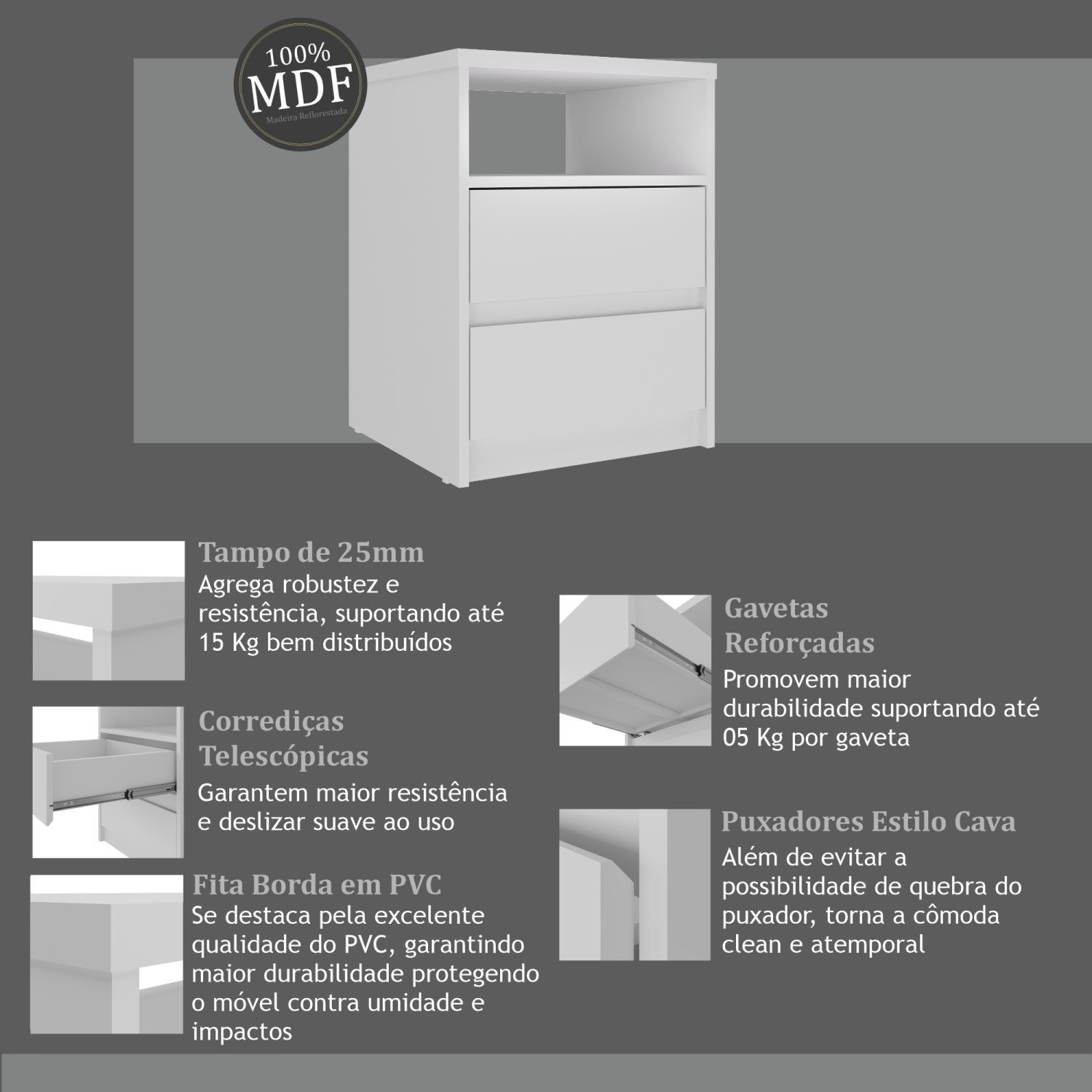 Conjunto com 2 Mesas de Cabeceira Mdf Gales - 7