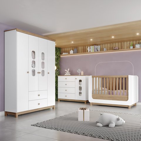  Conjunto Quarto de Bebê Completo Berço Mini Cama 2 em 1 com Cantos Arredondados + Cômoda + Guarda-Roupa com Frentes em MDF e Usinagem com Vidro Branco/Jequitibá HP Aconchego