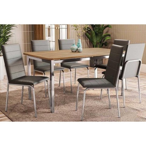 Conjunto: Mesa de Cozinha Reno C/ Tampo de Madeira 160cm e 6 Cadeiras Amsterdã Cromada/preto 110 -