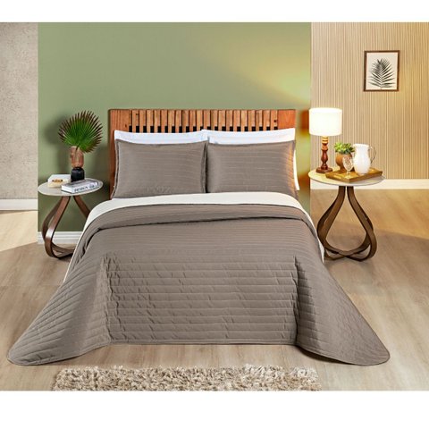 Cobre Leito Cama Casal 3 peças Colcha 200 fios Dupla Face Colors: Camafeu/ Palha