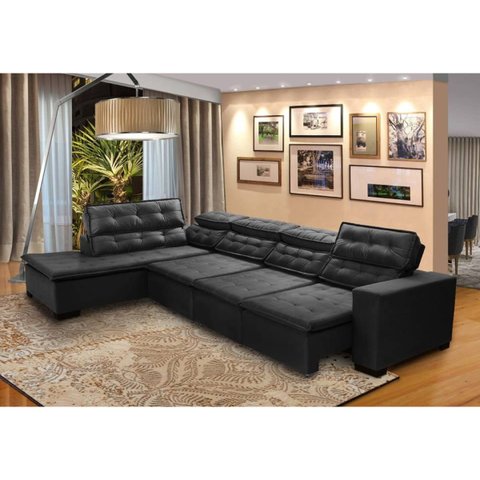 Sofá Canto Chaise Retrátil Reclinável 7lugares Preto Megasul