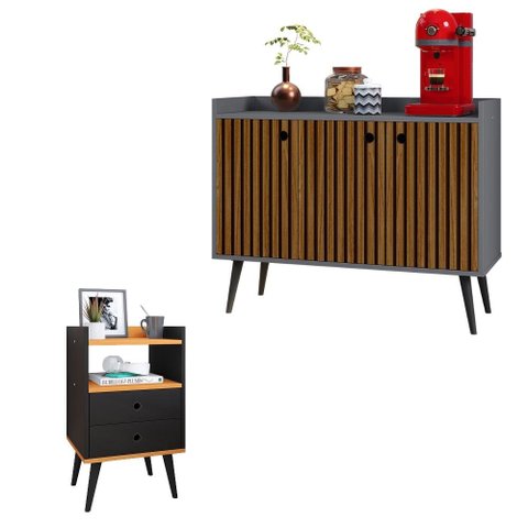 Kit Aparador Buffet Wood New Cinza Ripado e Mesa de Cabeceira Dream 2 Gavetas Preto|Cinamomo