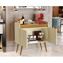 Aparador Sala Retrô Pés Palito em Madeira Maciça - Luxo 2 Portas - Off White com Madeirado - Lojas G - 4 Aparador Sala Retrô Pés Palito em Madeira Maciça - Luxo 2 Portas - Off White com Madeirado - Lojas G - 4