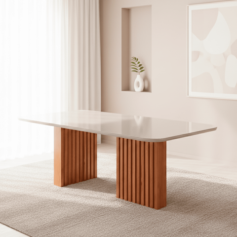 Mesa de Jantar 6 Lugares Tampo de Vidro/MDF 180cm Retangular Ester Marrom/Cinamomo/Off White