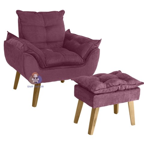 Poltrona/cadeira Decorativa e Puff Glamour Bordô/vinho com Pés Quadrado
