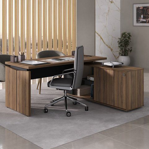 Escrivaninha Mesa Escritório Diretor em L com Porta de Correr e Caixa de Tomada 170cm Nogal E Preto