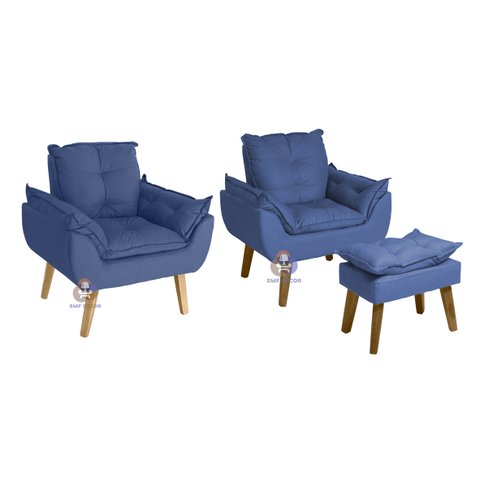 Kit 2 Poltronas Decorativas Opala e Puff Opala Suede Azul Marinho Su Decor