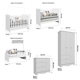 Kit Conjunto Quarto Infantil Bebê Berço 3 Em 1 Cômoda 3 Gavetas 1 Porta Guarda Roupa 3 Portas - 3