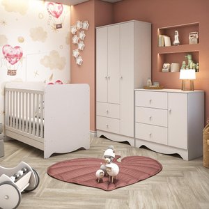 Kit Conjunto Quarto Infantil Bebê Berço 3 Em 1 Cômoda 3 Gavetas 1 Porta Guarda Roupa 3 Portas