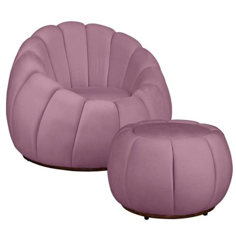 Kit Poltrona Base Giratória e Puff Concha Decorativo Veludo Cor Rose