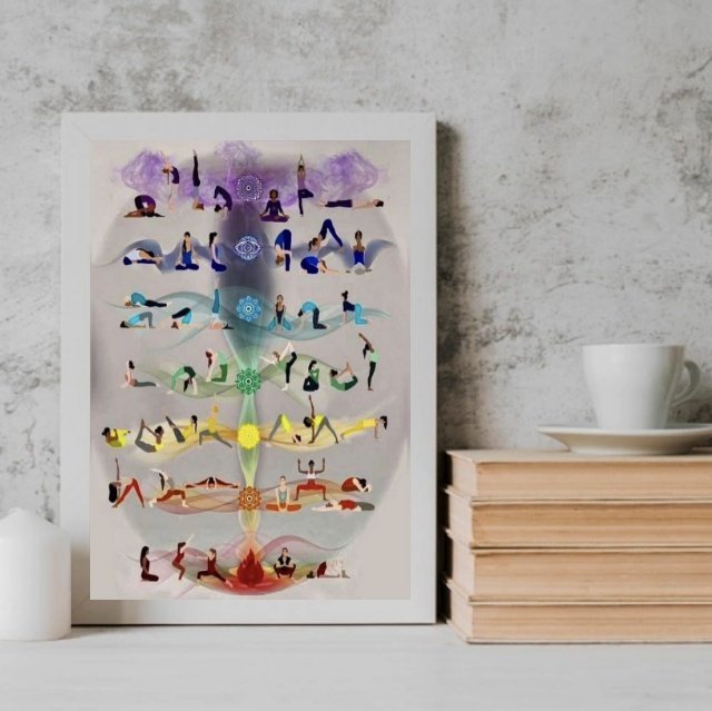 Quadro Decorativo Posições de Yoga chakras 24x18cm:madeira Branca - 1