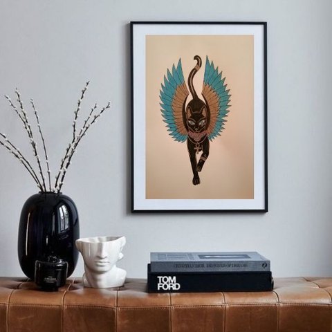 Quadro Gato Egípcio Bastet - 60x48cm:madeira Preta