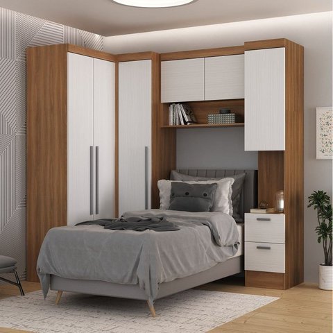 Conjunto de Guarda-Roupa Modulado 6 Portas 6 Gavetas 4 Peças Viena Yescasa Branco/Nogal