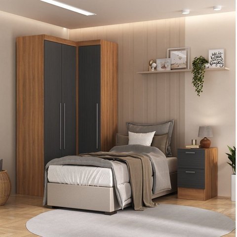 Conjunto de Guarda-Roupa Modulado 3 Peças 3 Portas 4 Gavetas Viena Yescasa Cinza/Nogal/Grafite