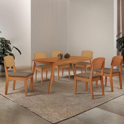 Mesa de Jantar Copper 180cm Tampo MDF Laminado 6 Cadeiras Veludo Capuccino/Naturalle/Naturalle