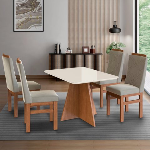 Conjunto Sala de Jantar Mesa 90x120cm Tampo Vidro com 4 Cadeiras Madeira Maciça
