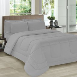Jogo de Cama Casal 5 Peças com Edredom e Porta Travesseiros Cinza Casa Dona - 1
