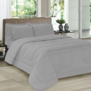 Jogo de Cama Casal 5 Peças com Edredom e Porta Travesseiros Cinza Casa Dona