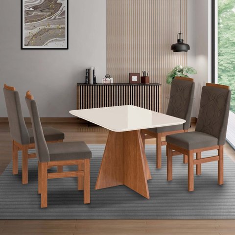 Conjunto Sala de Jantar Mesa 90x120cm Tampo Vidro com 4 Cadeiras Madeira Maciça Marrom/Cenela/Off White