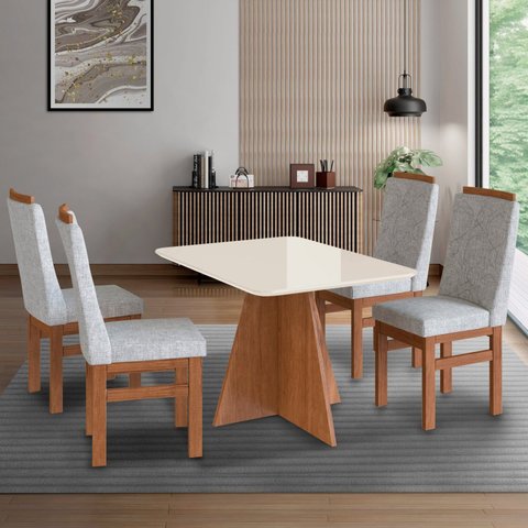 Conjunto Sala de Jantar Mesa 90x120cm Tampo Vidro com 4 Cadeiras Madeira Maciça Cinza/Canela/Off White