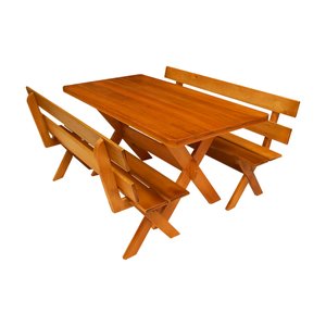 Conjunto Mesa 1,6m e 2 Bancos Com Encosto Madeira Maciça Eucalipto:Cerejeira