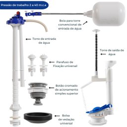 Kit Mecanismo Reparo Completo Entrada e Saída Universal com Boia P/ Caixa Acoplada Descarga | Astra - 3
