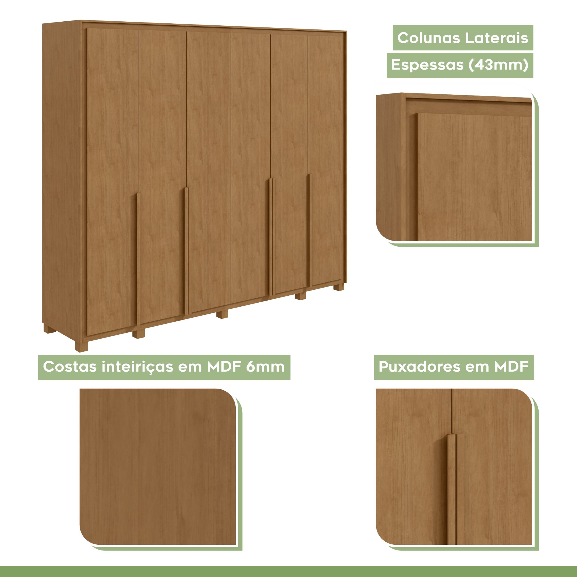 Guarda-roupa 6 Portas 6 Gavetas 100% Mdf Detroid com Pés  - 3