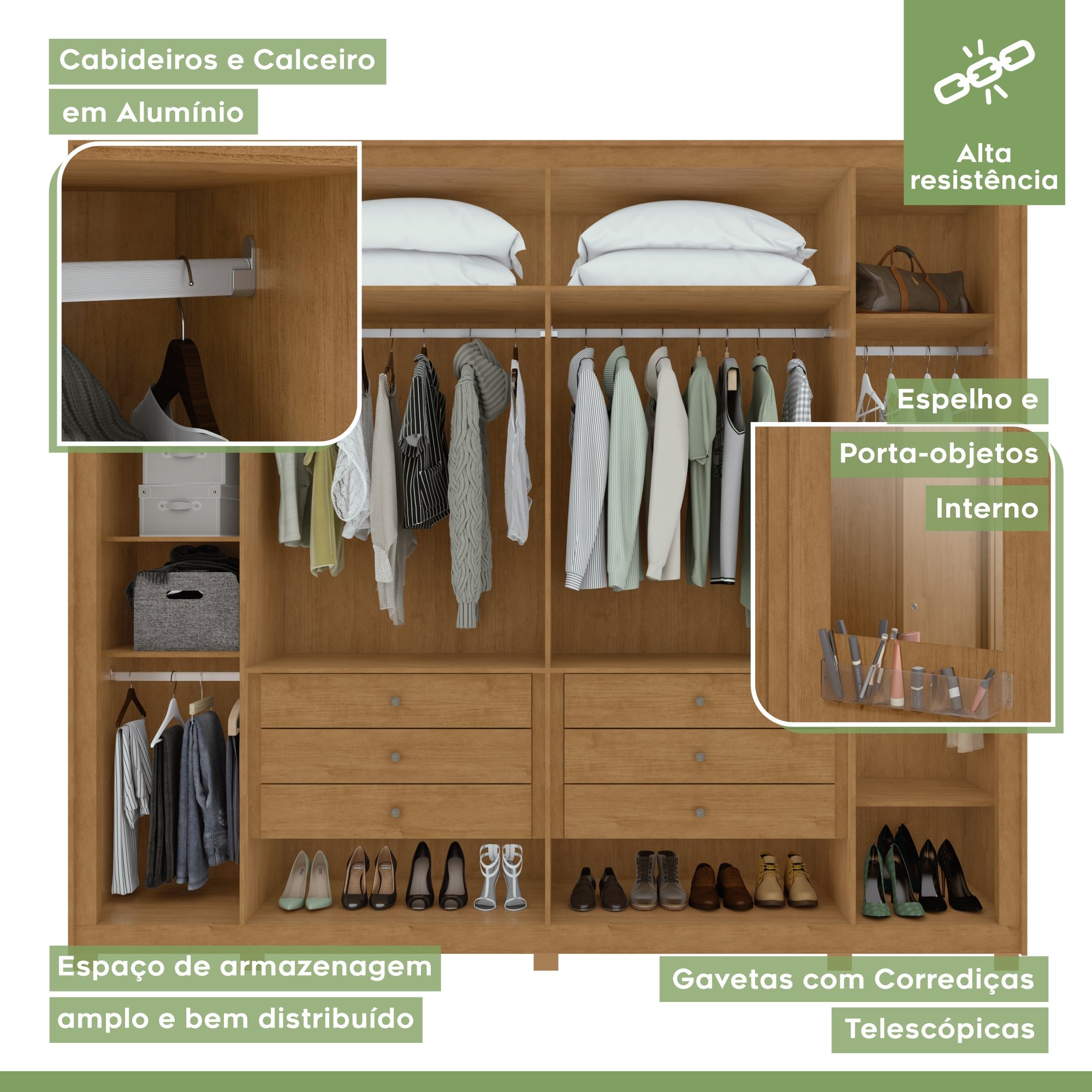 Guarda-roupa 6 Portas 6 Gavetas 100% Mdf Detroid com Pés  - 4