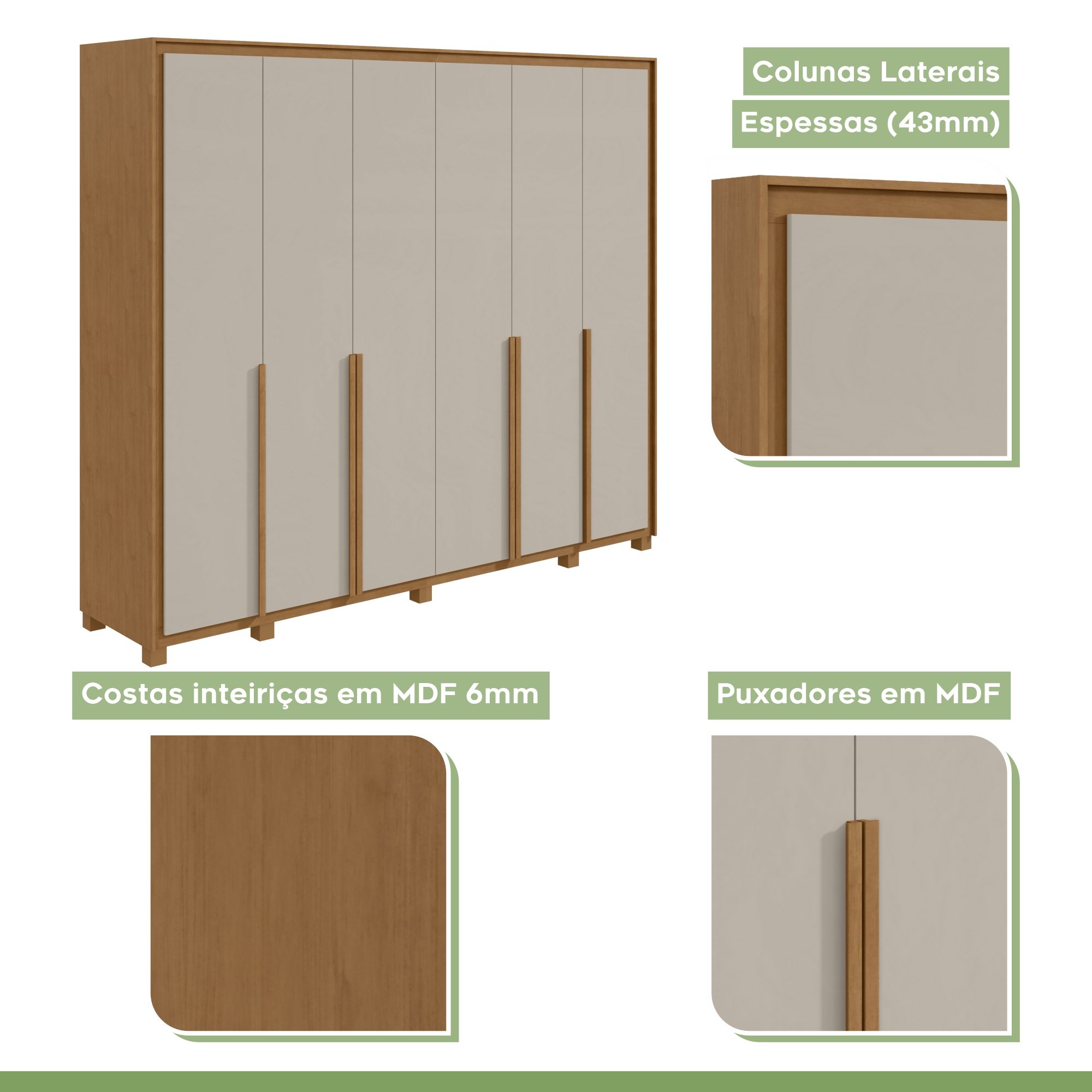 Guarda-roupa 6 Portas 6 Gavetas 100% Mdf Imperatore com Pés - 3